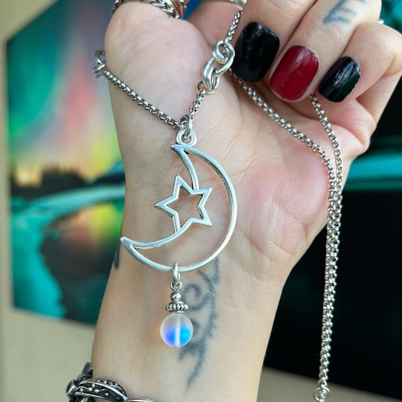 Set ! Moon star & iridescent opalite beads necklace + matching earrings boho - Picture 3 of 13